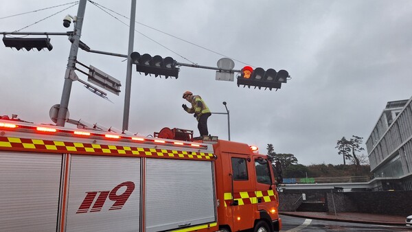 15일 소방대원이 강풍에 파손된 신호등에 대한 안전조치를 하고 있는 모습. 제주도 소방안전본부 제공
