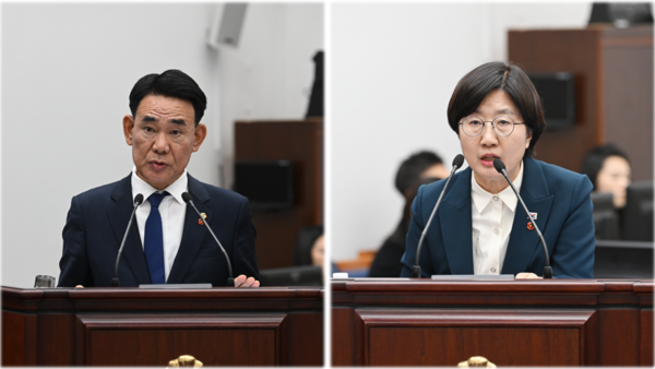 17일 열린 제주도의회 제444회 제2차 정례회 교육행정질문에서 박호형 의원과 고의숙 의원이 질의하고 있다. [제주도의회 제공]